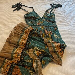 Ulla Johnson Teal Floral Tiered Maxi Dress with Mustard & Brown Trim